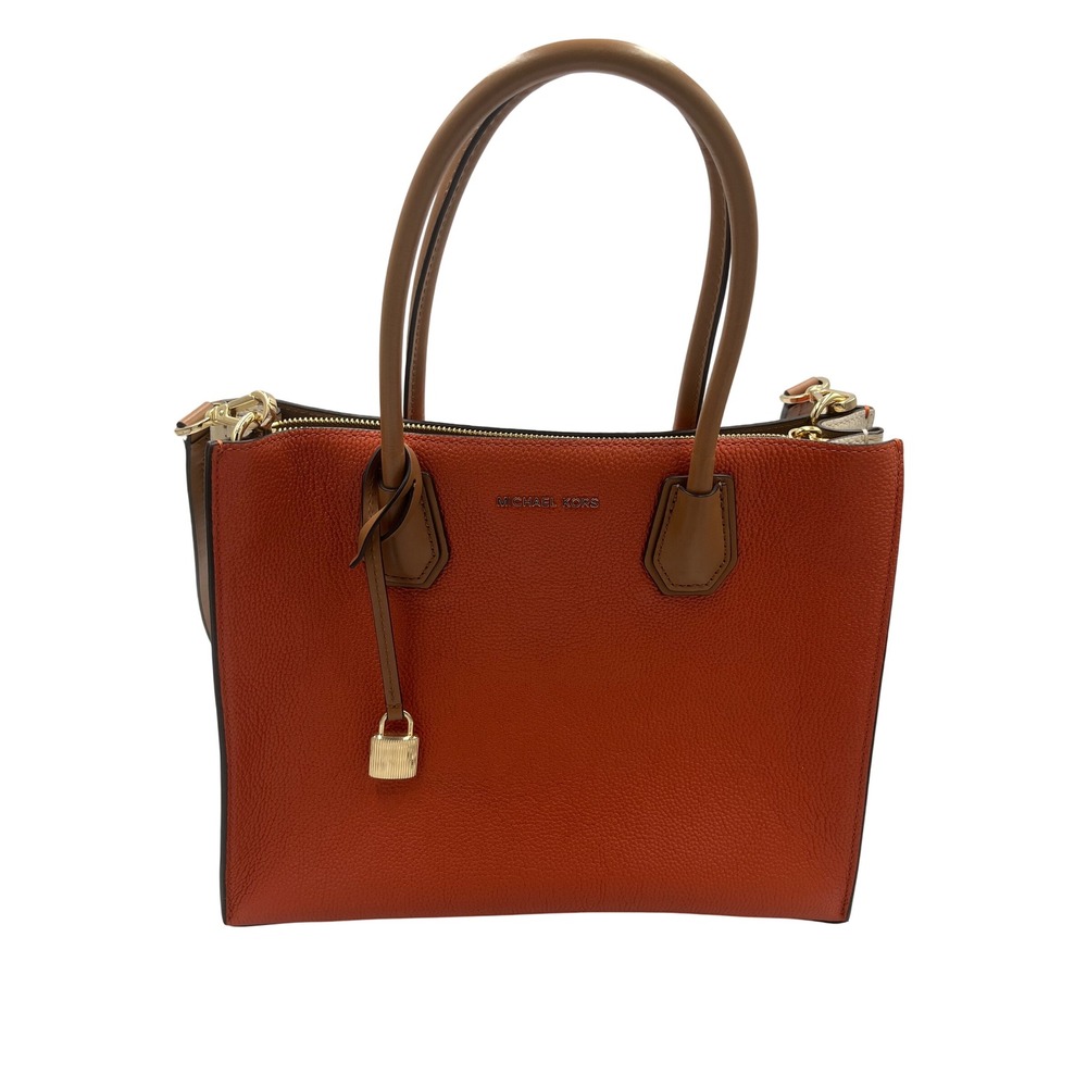 Michael Kors Mercer Medium Satchel Orange Pebbled Leather Crossbody Bag Gold HW